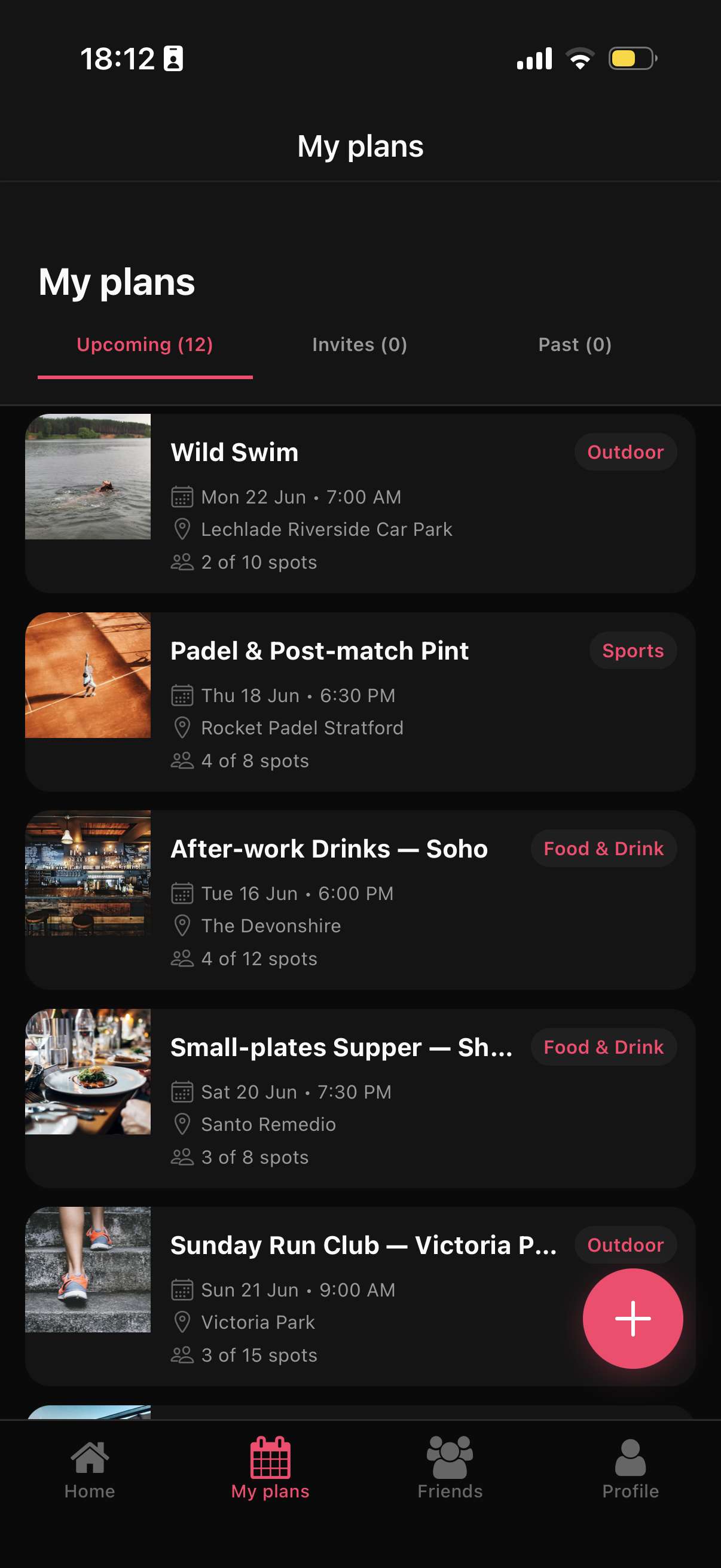 punch app showing your upcoming plans